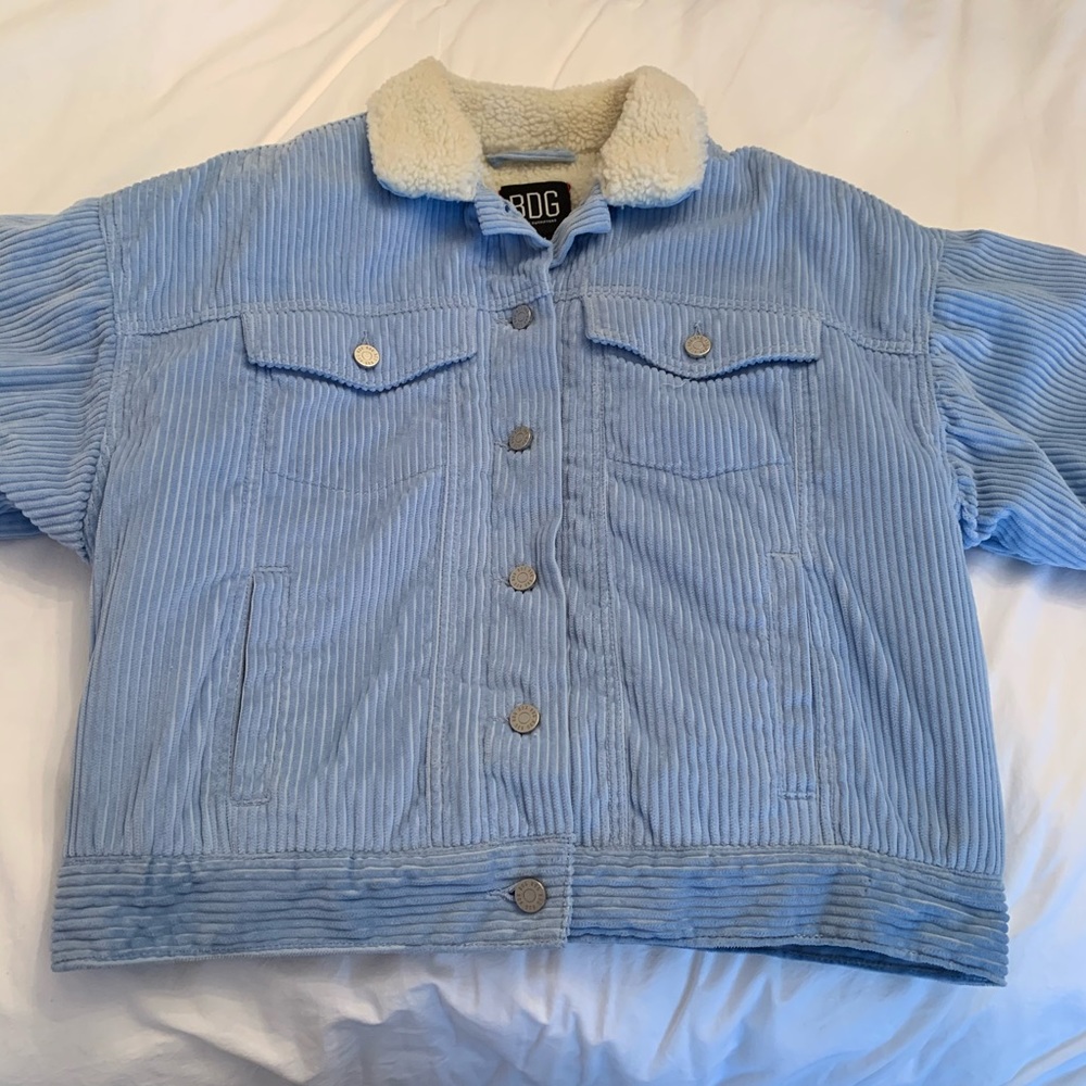 shearling-lined light blue jacket